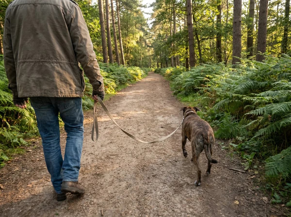 Handler and brindle dog walking along a wooded trail on a slack hand-held leash.