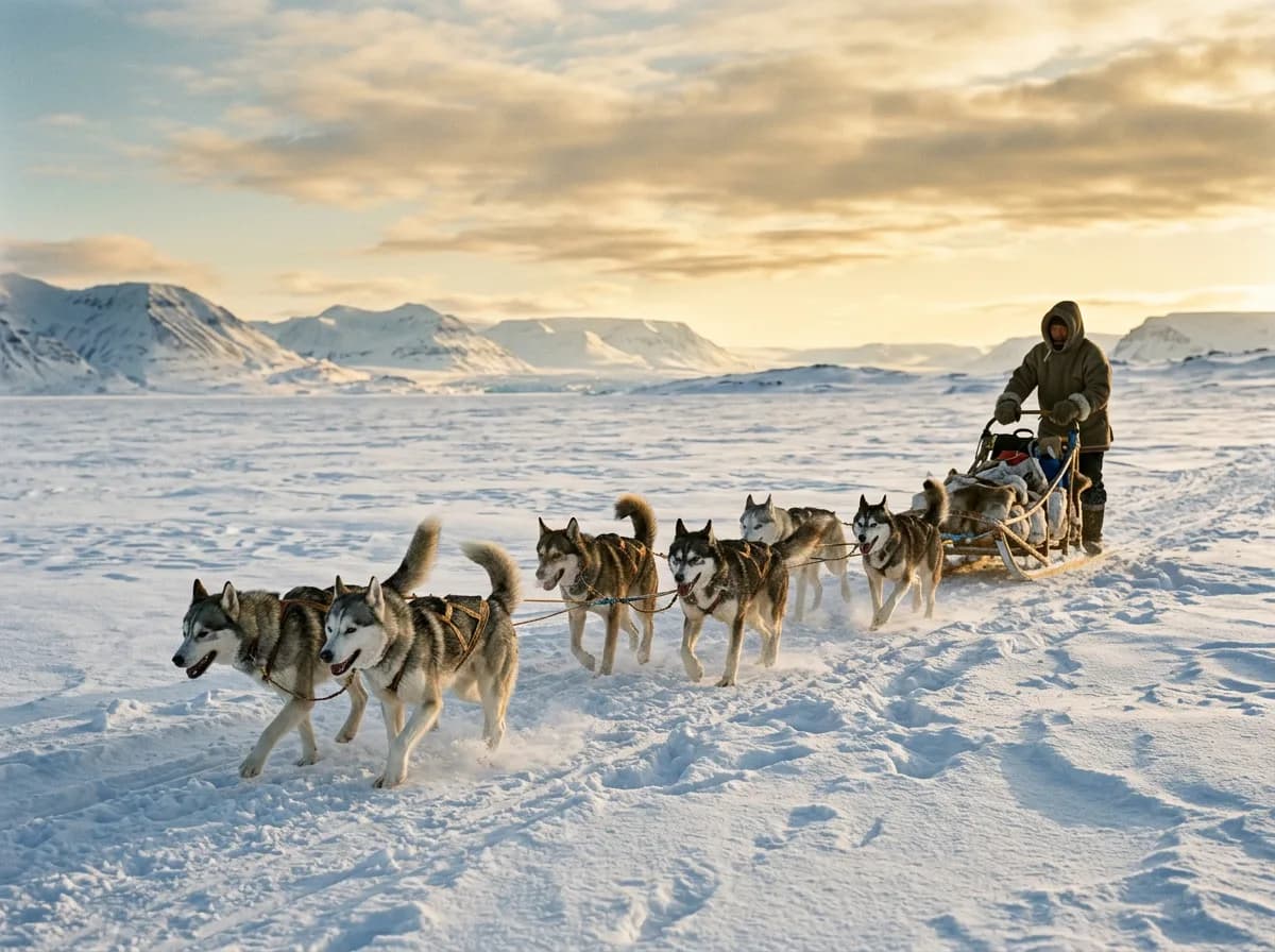 a vintage-style scene of a Siberian husky sled team pulling across an Arctic snowfield, dogs in harness, low winter sun