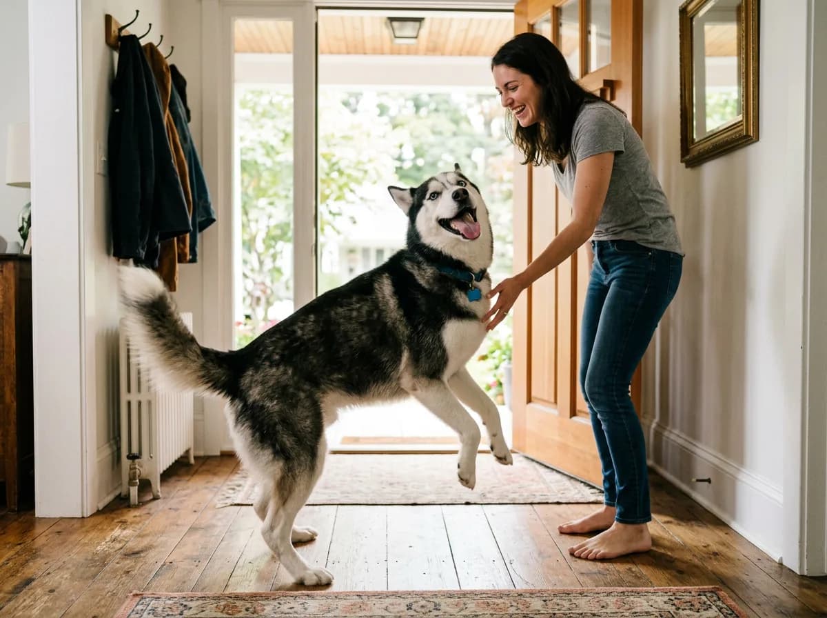 a happy Siberian husky greeting a person at a front door, tail wagging, clearly friendly rather than guarding, in a bright home entryway