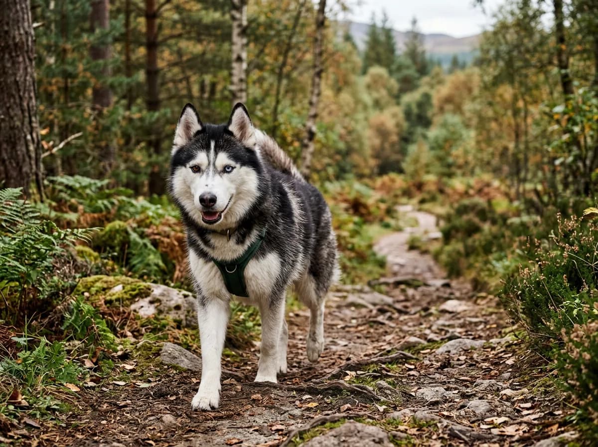 a Siberian Husky with thick coat and striking eyes