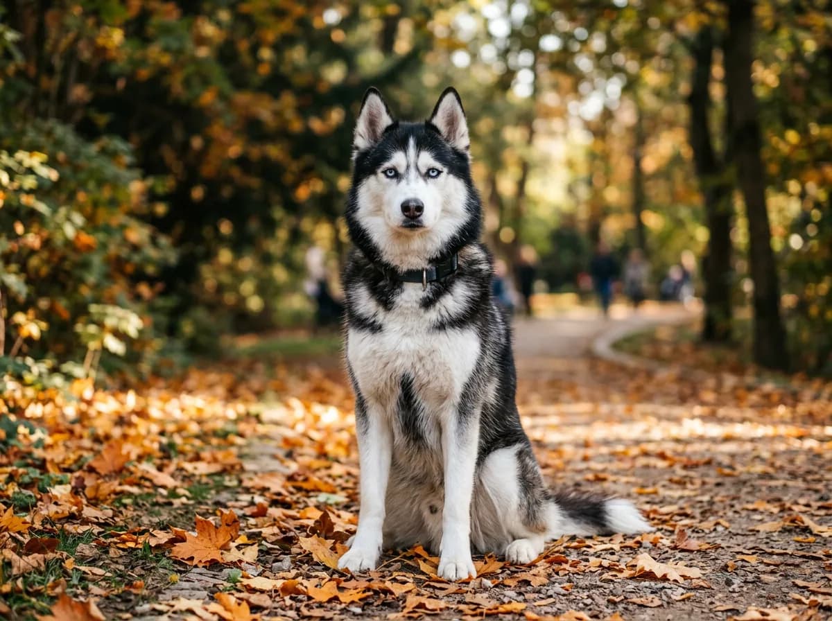 a Siberian Husky with thick coat and striking eyes