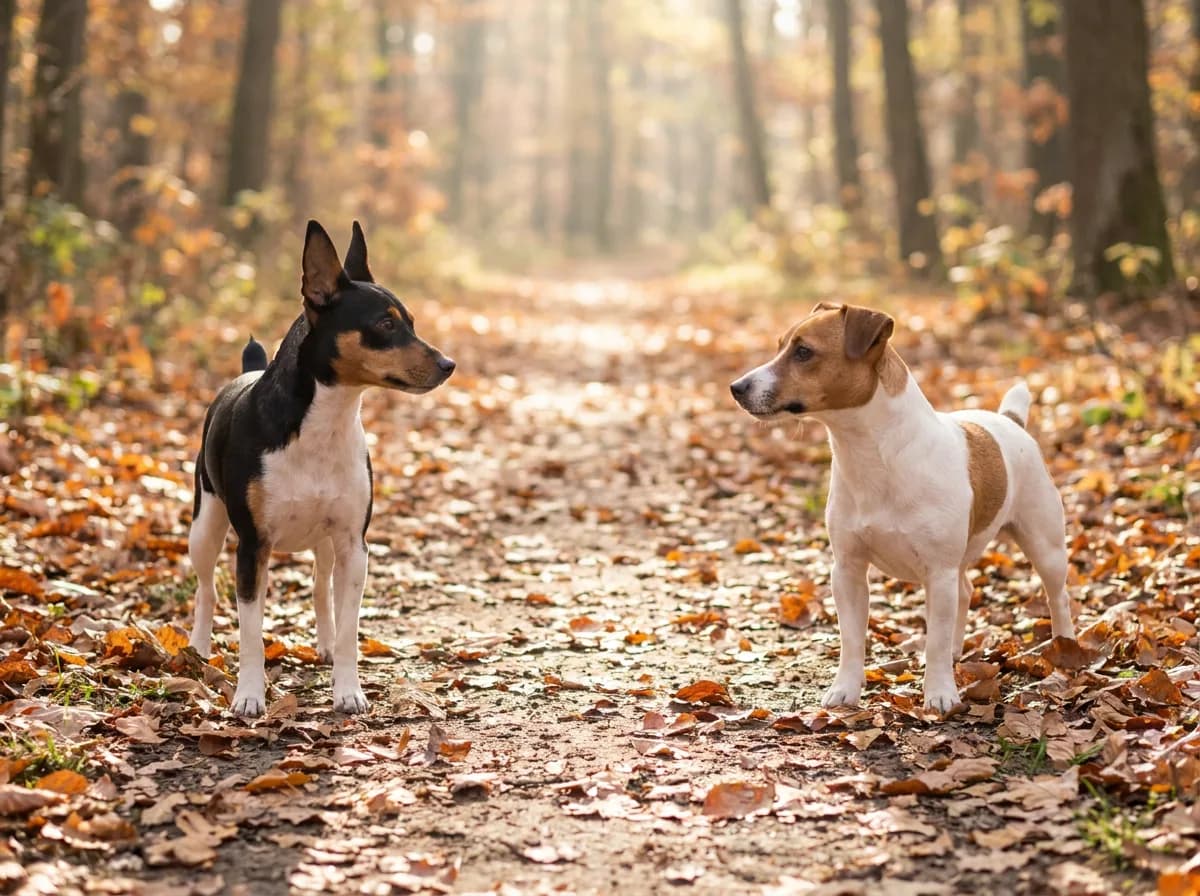 Tricolor Rat Terrier beside a white-and-tan Jack Russell Terrier on a woodland path.