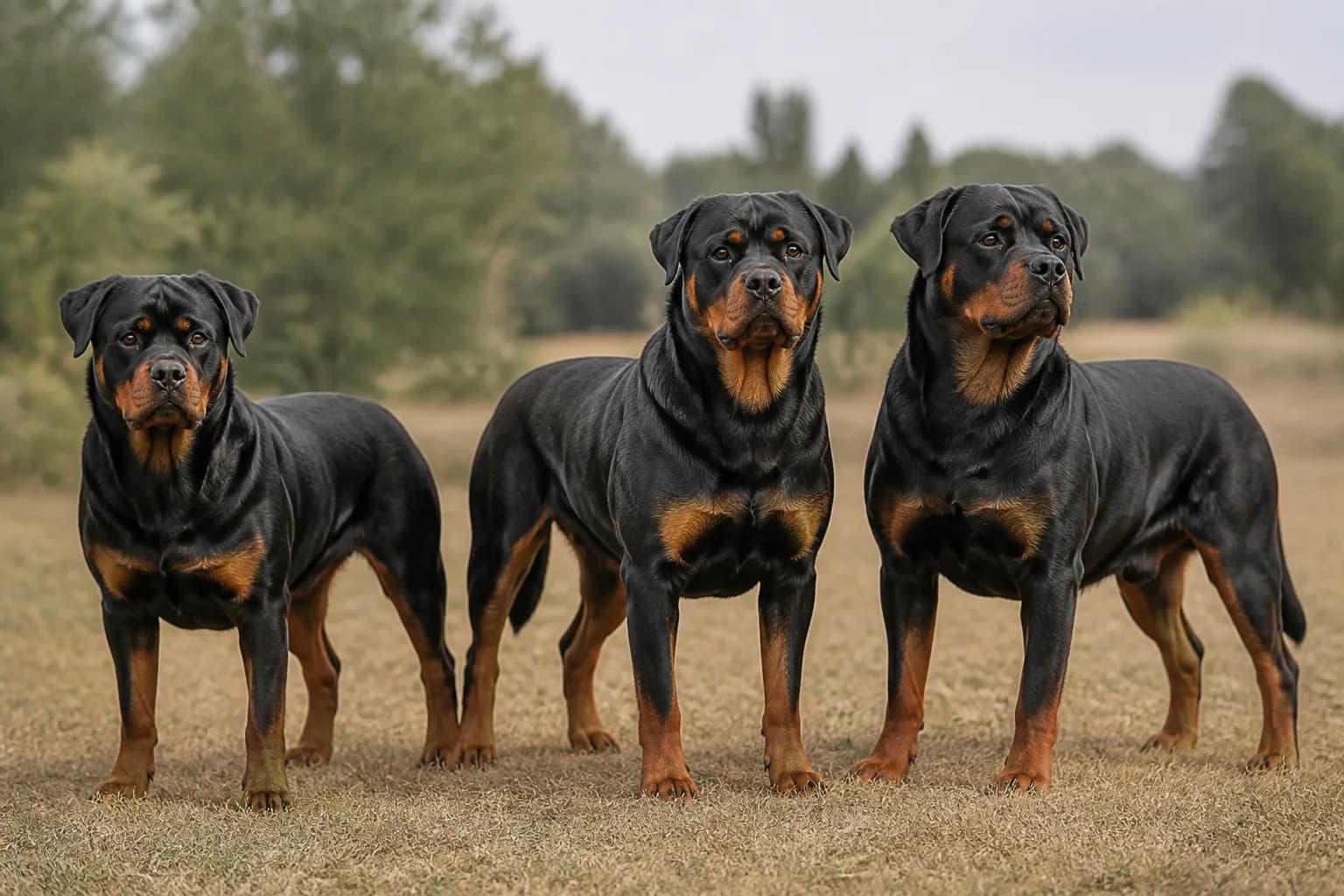 Three adult natural-tailed Rottweilers with black coats and natural tan, rust and mahogany marking variation standing in even daylight