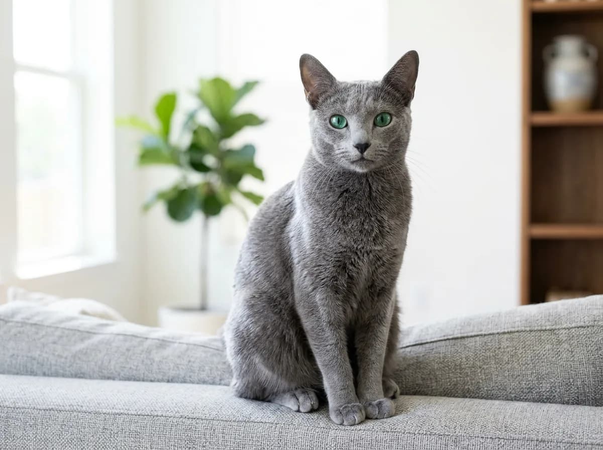 A plush blue-grey Russian Blue cat with vivid emerald green eyes and silver-tipped fur sitting on a clean light-grey sofa in a bright living room