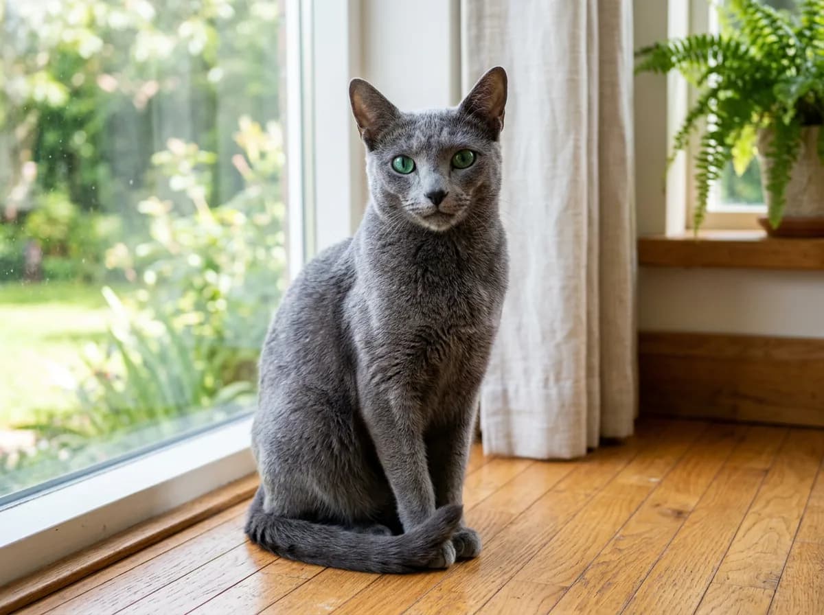 A healthy adult Russian Blue cat with a plush silver-blue double coat and vivid emerald green eyes sitting alertly in soft natural window light