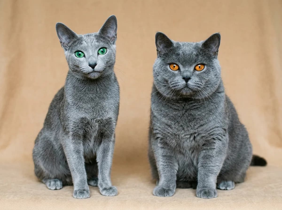 A slender green-eyed Russian Blue cat sitting beside a stocky copper-eyed British Shorthair, two blue-grey breeds side by side on a neutral backdrop