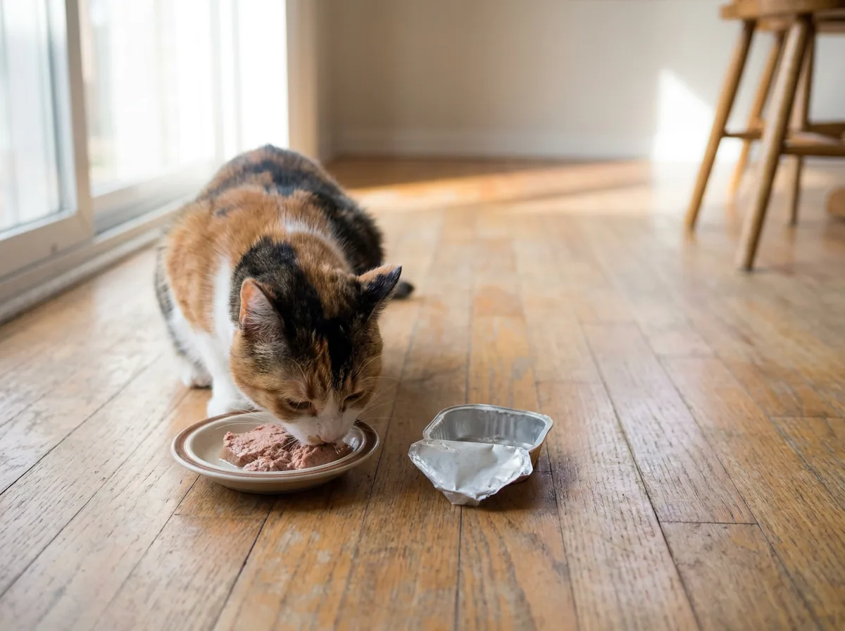 Calico cat eating fresh chicken pate from a shallow bowl on a hardwood floor beside its opened package