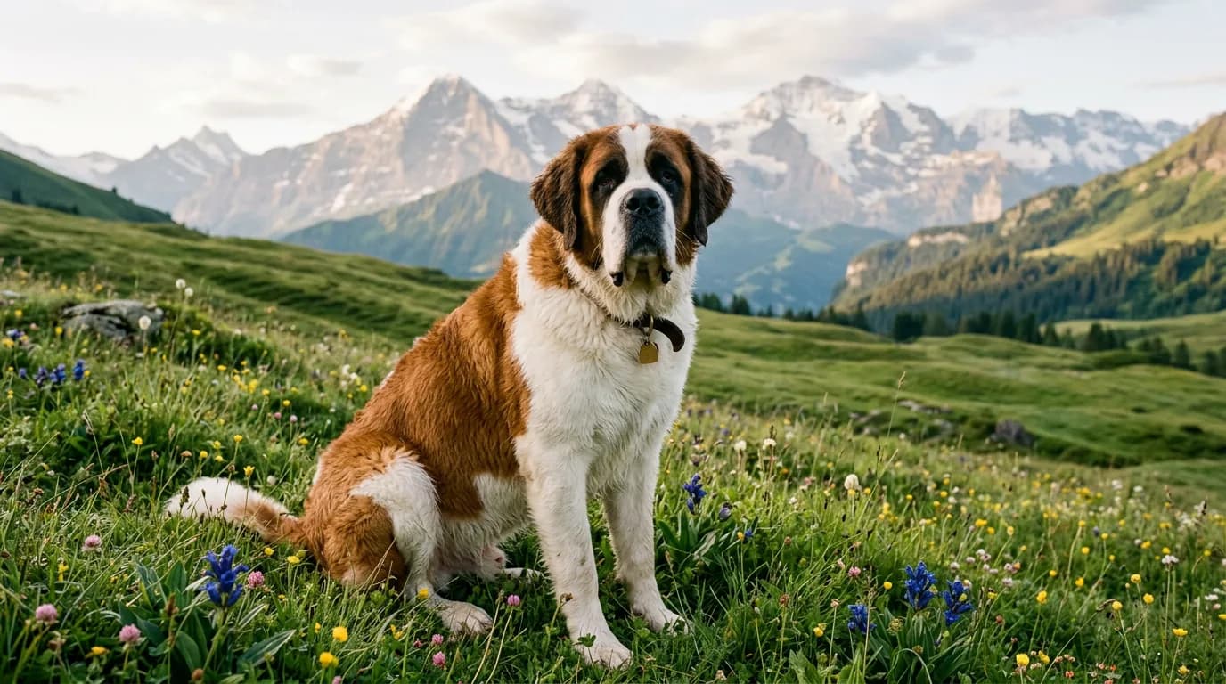 A full-grown red-and-white Saint Bernard sitting calmly in a grassy alpine meadow, soft morning light, massive head turned toward the camera