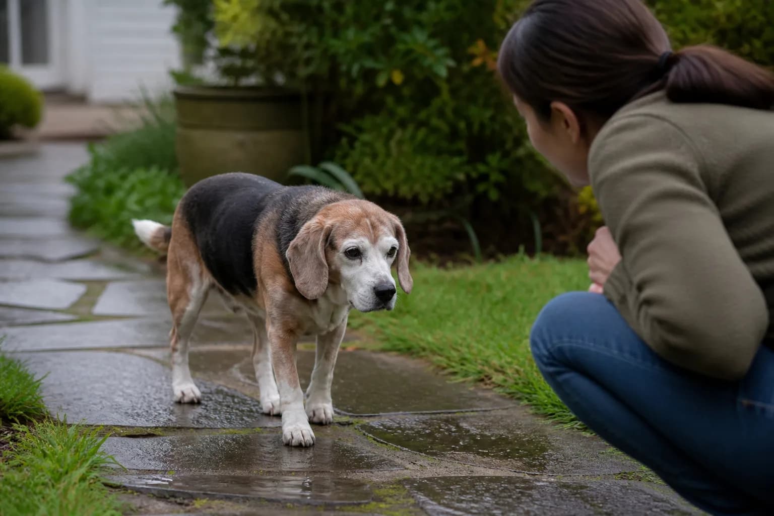 Senior dog walking with its owner on a quiet neighborhood path