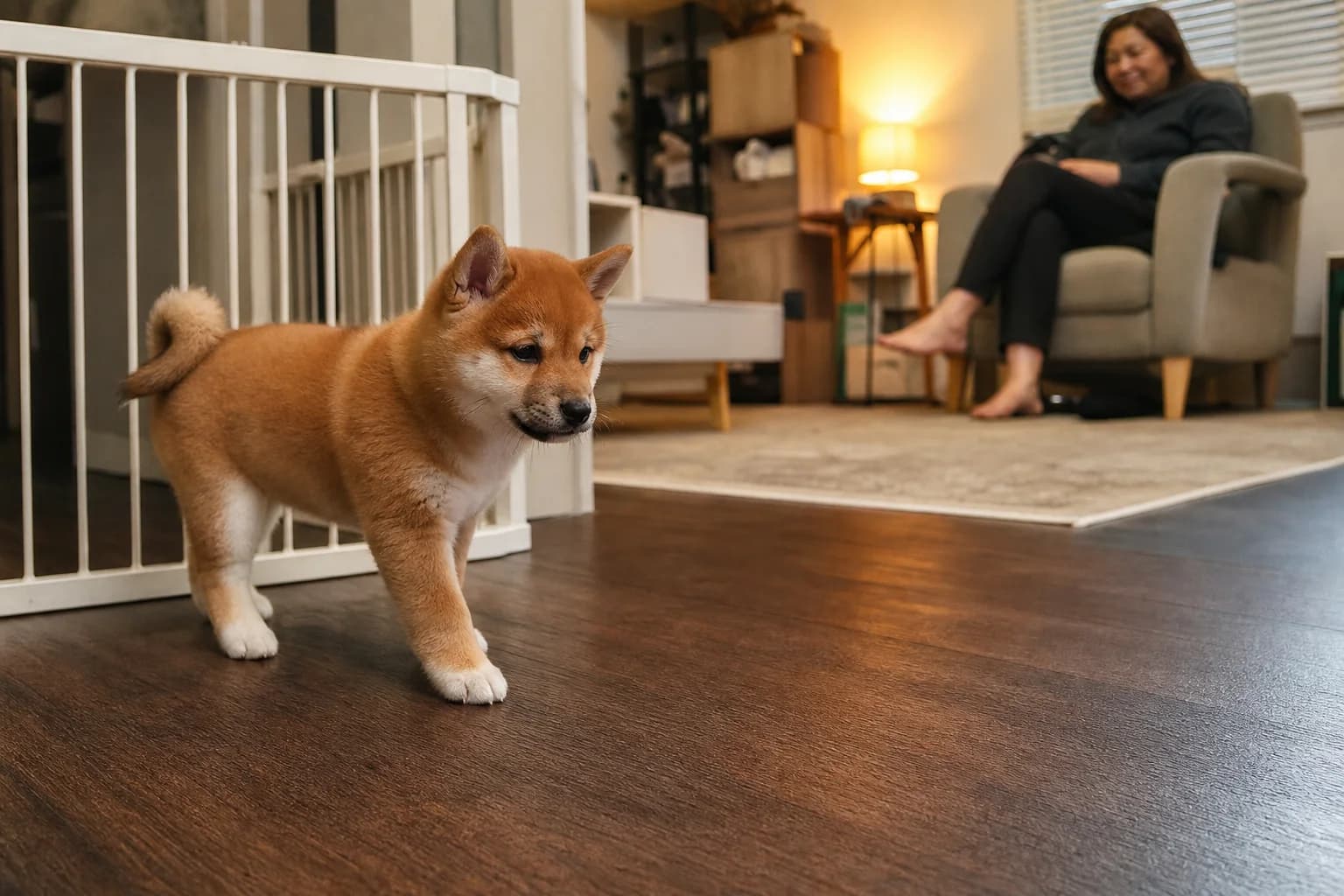 Red Shiba Inu puppy exploring a gated family room while a caregiver watches