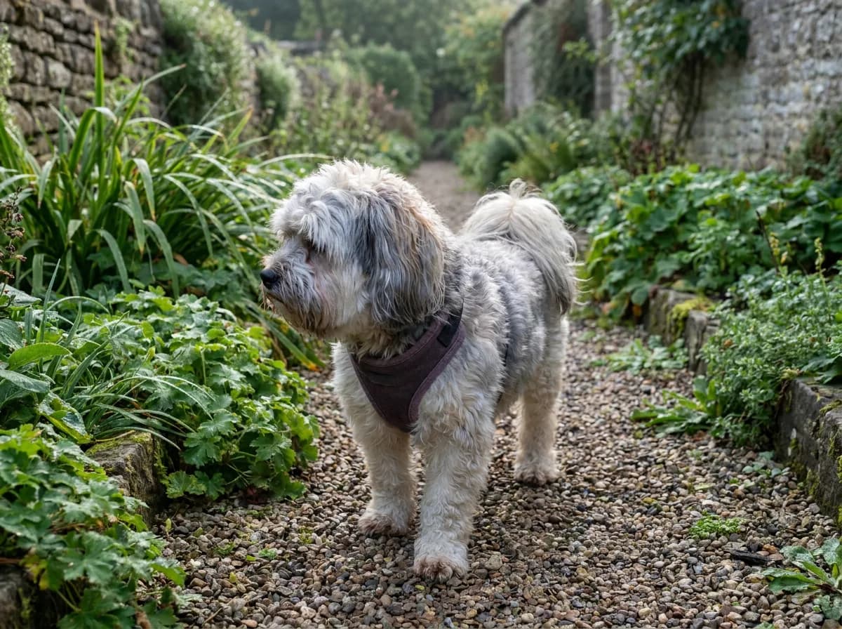 Silver-and-cream small dog wearing a harness on a garden path