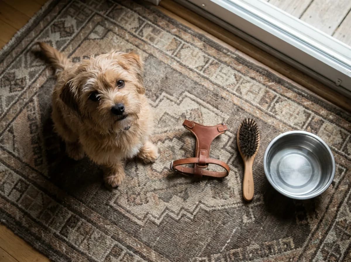 Tan puppy beside a harness, brush, and metal bowl on an entryway rug