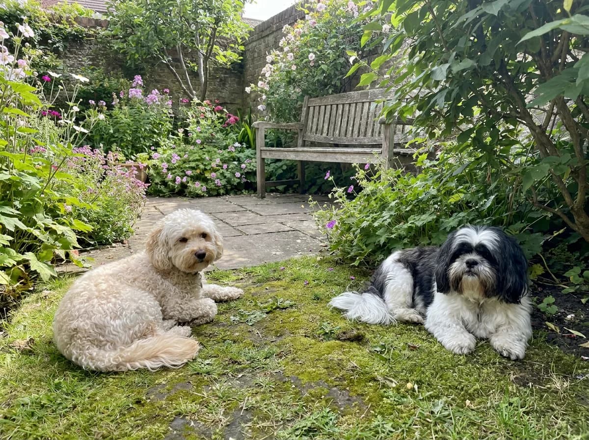 Cream wavy-coated dog and black-and-white long-coated dog resting apart in a garden