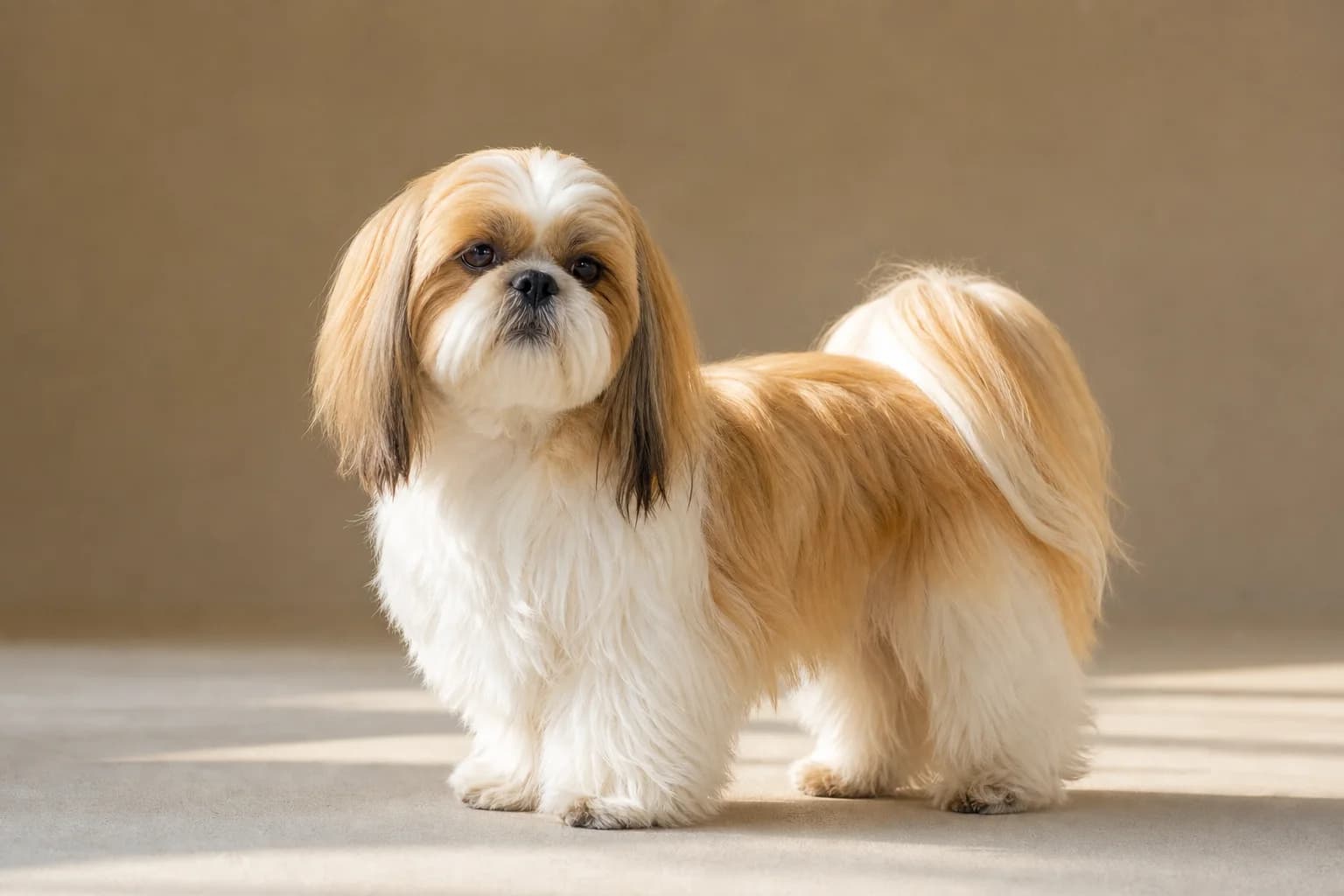 Gold and white adult Shih Tzu in neutral outdoor light with coat and dark pigment clearly visible