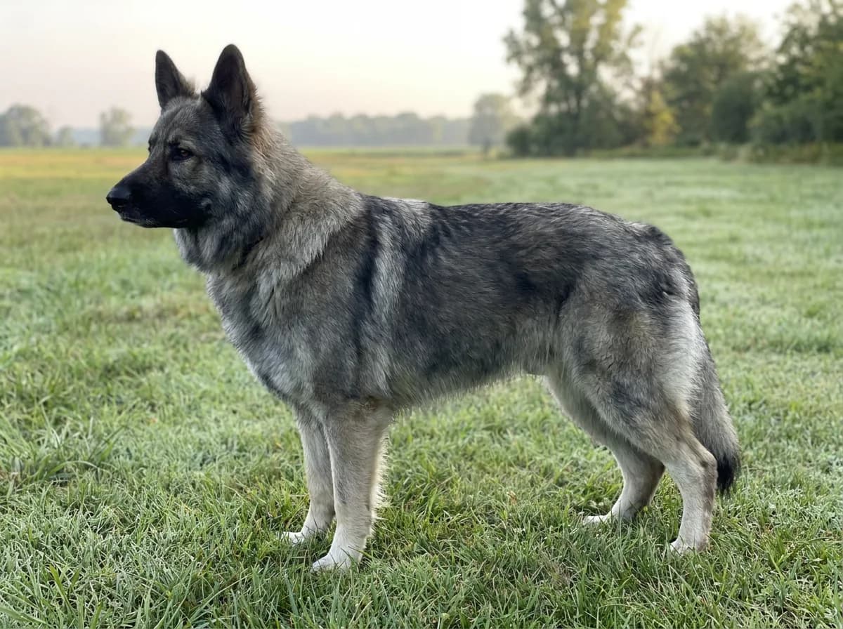 Gray sable Shiloh Shepherd standing in side profile in a field