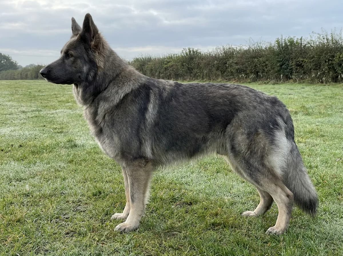 Gray sable Shiloh Shepherd standing in a field