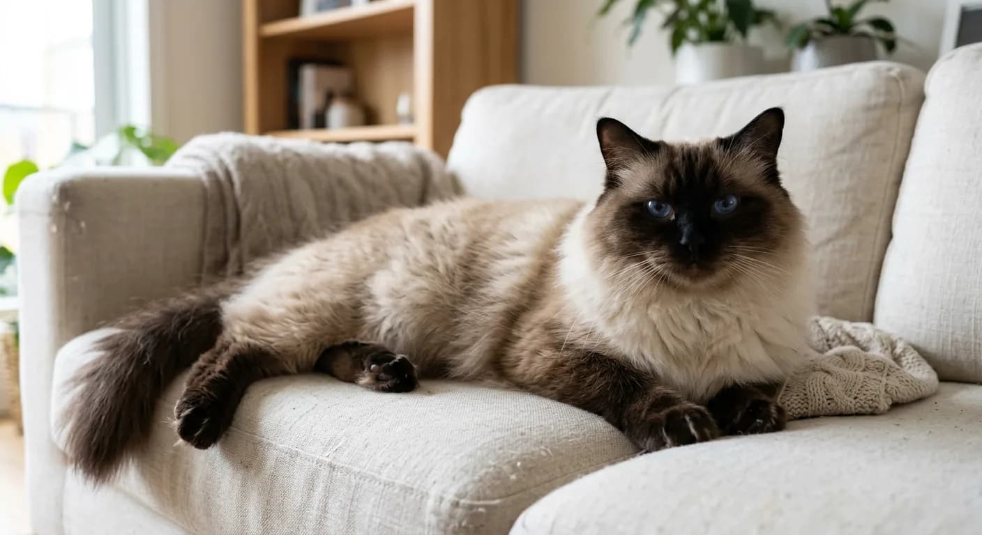 A large seal-point Ragdoll cat with deep blue oval eyes and a silky semi-long plush coat lounging on a pale couch, showing the breed's full mature fur length