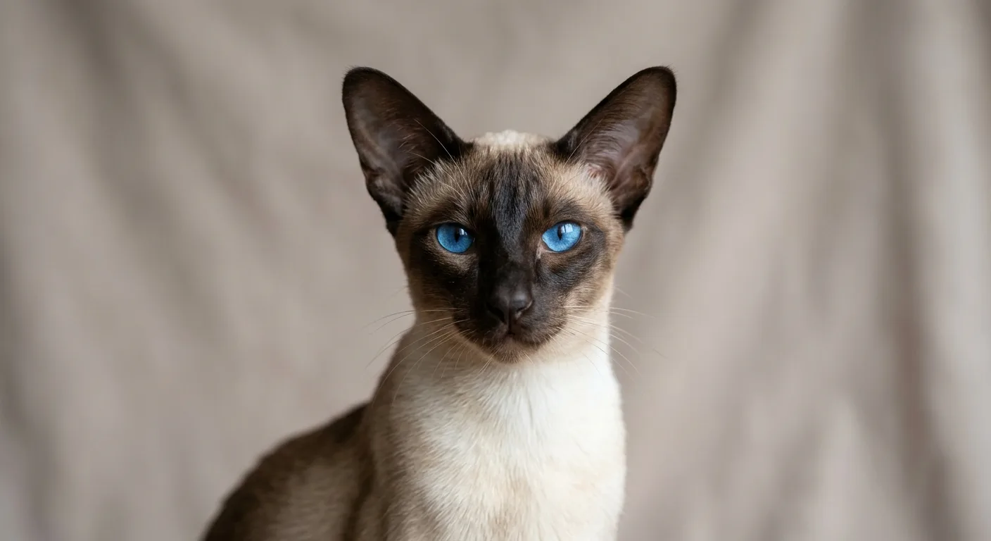 Seal point Siamese cat facing forward with vivid blue almond-shaped eyes and dark seal-brown points on a pale cream coat