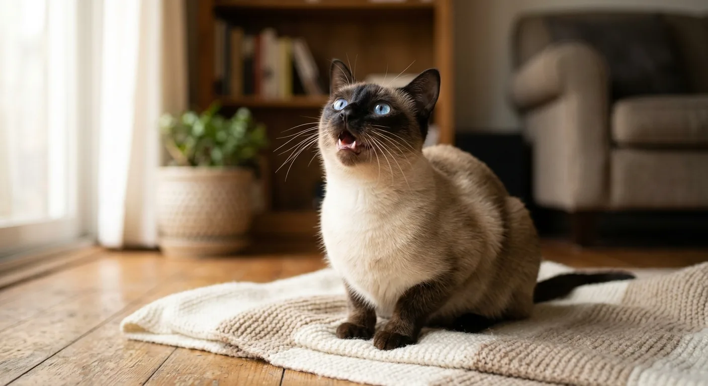 A seal point Siamese cat looking up with its mouth open as if meowing, expressive, with bright blue eyes in a cozy home
