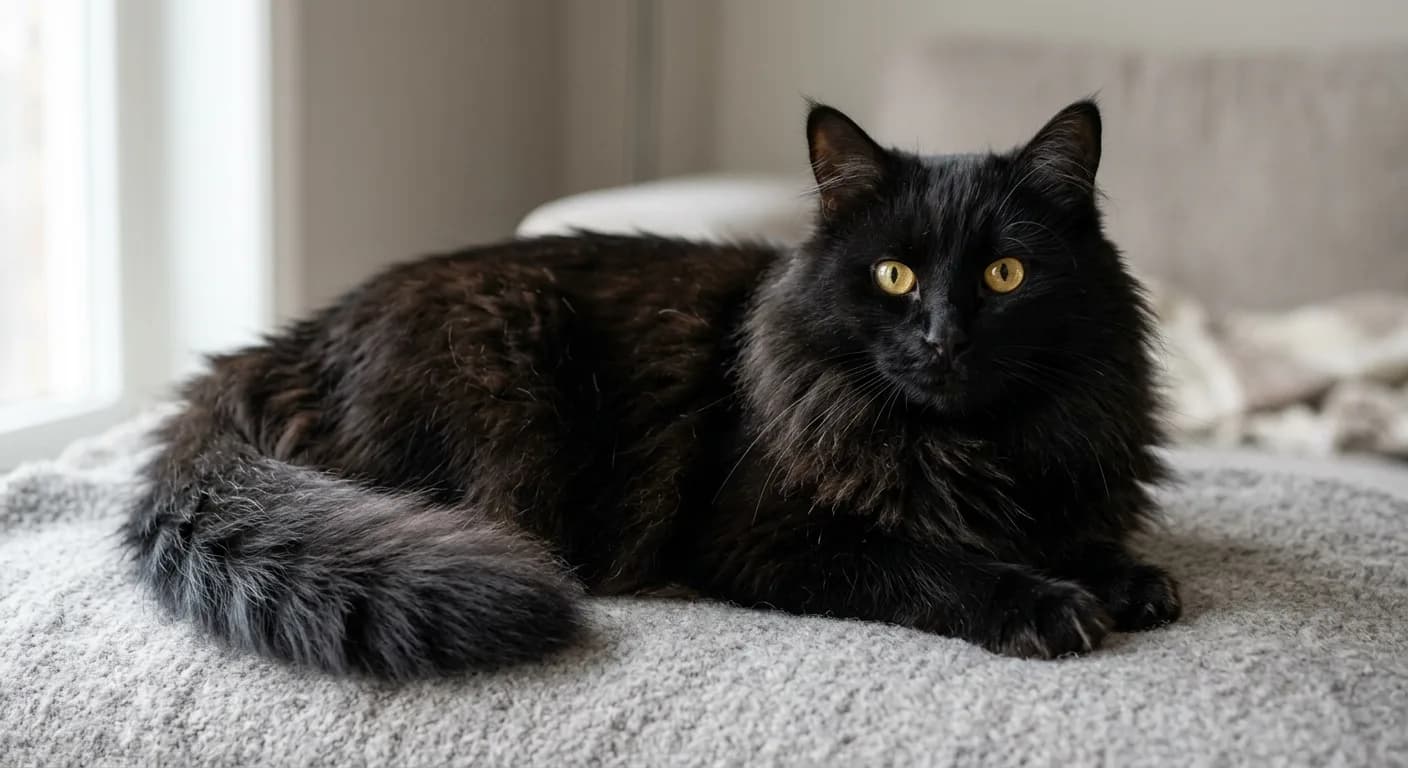 A large powerful semi-longhaired solid black Siberian cat with a dense triple coat, full neck ruff, shaggy britches, and a bushy plumed tail, sweet rounded face with gold eyes, lying on a neutral background