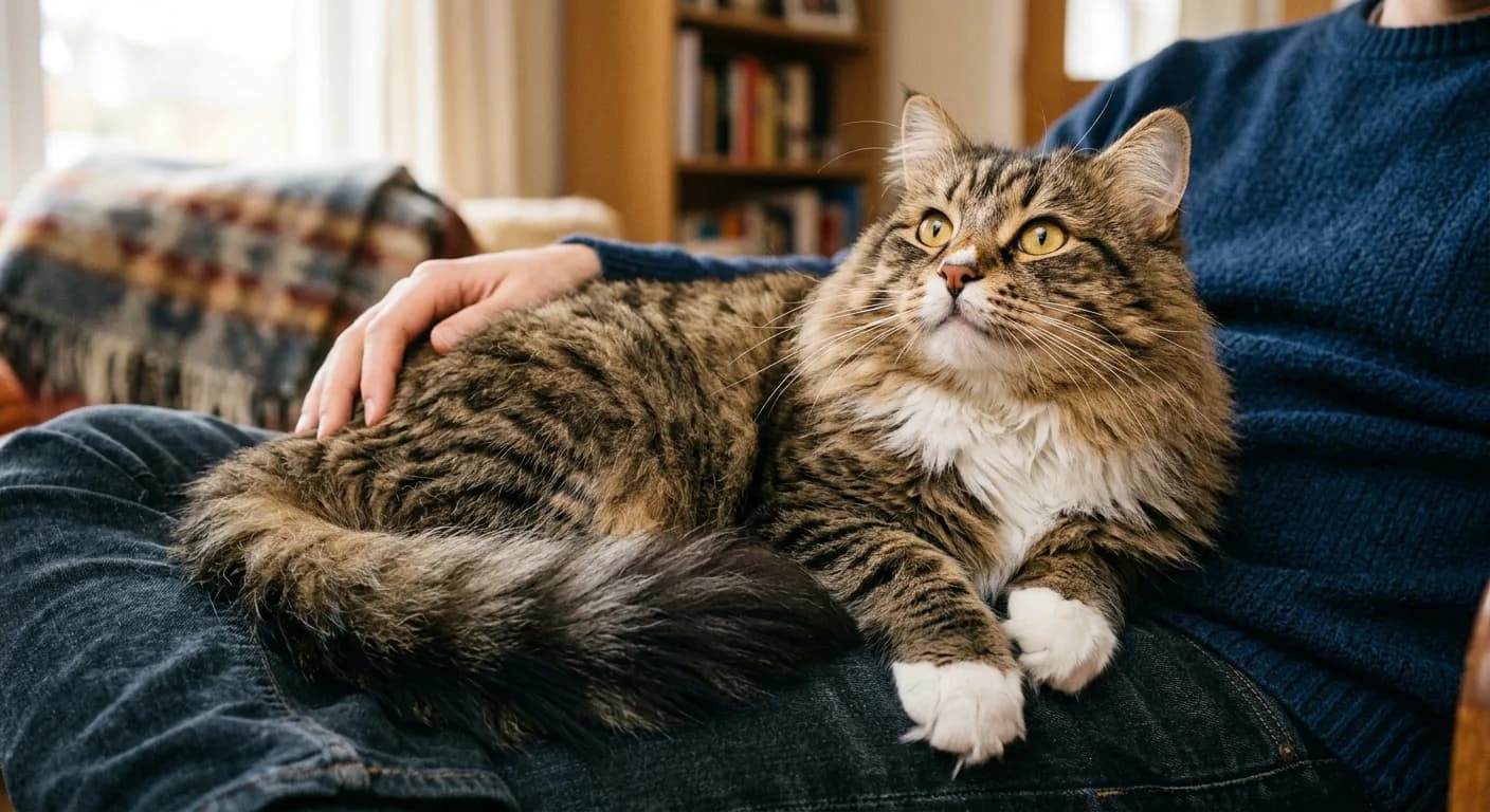 A large powerful semi-longhaired Siberian cat with a dense triple coat, full neck ruff, bushy plumed tail, and tufted paws curled contentedly on a person's lap, sweet rounded modified-wedge face and large gold eyes looking up, warm living room light