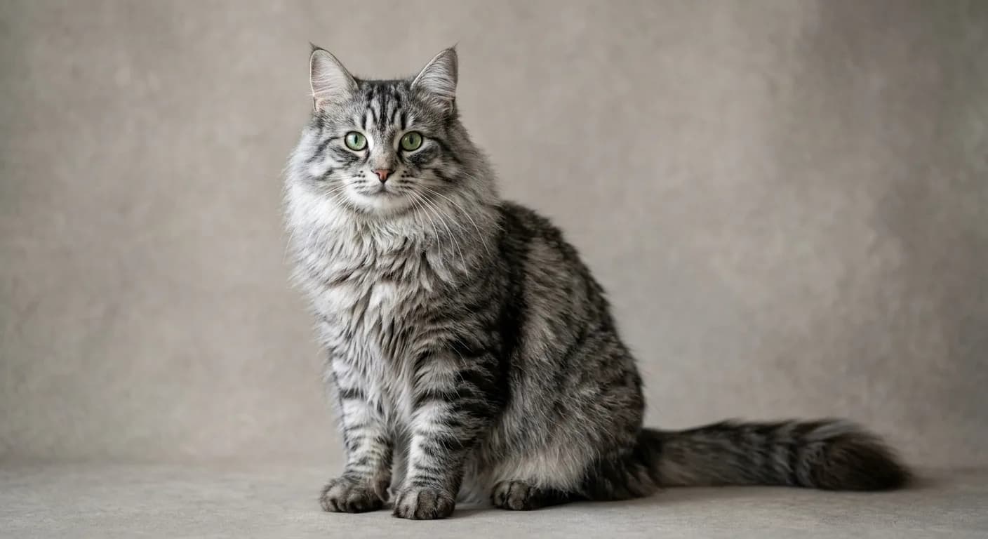 A large powerful semi-longhaired silver tabby Siberian cat with a dense triple coat, full neck ruff, shaggy britches, a bushy plumed tail, tufted paws, a sweet rounded modified-wedge face, lynx-tipped ears, and large near-round green eyes, sitting upright on a neutral studio backdrop