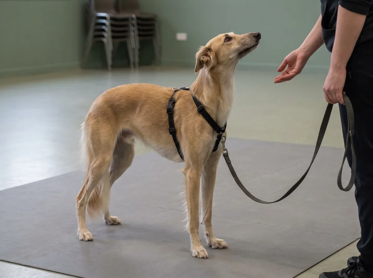 A fawn Silken Windhound wearing a harness and looking toward a handler in a training room