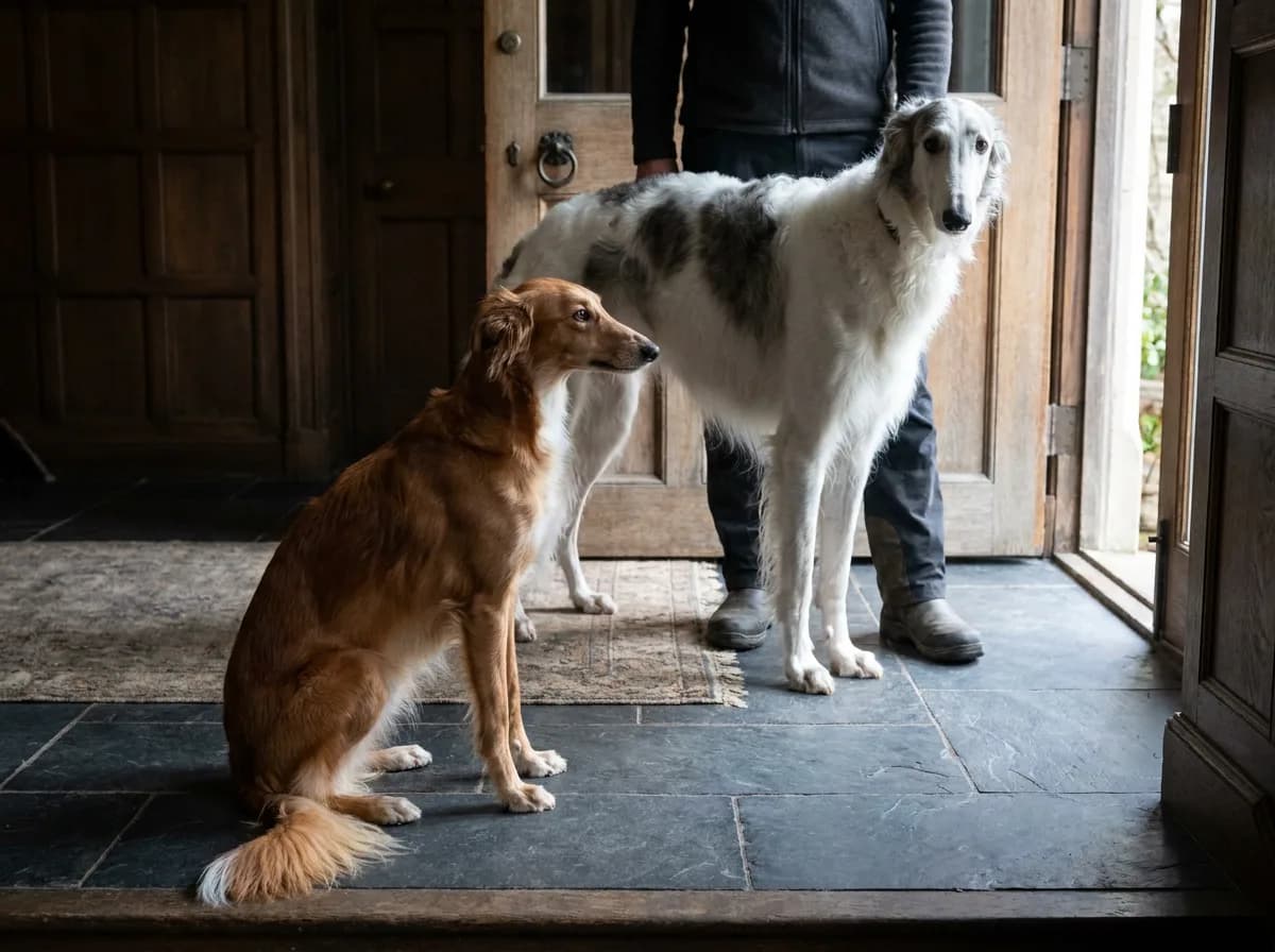 A smaller red Silken Windhound sitting beside a taller white-and-gray Borzoi in an entry hall