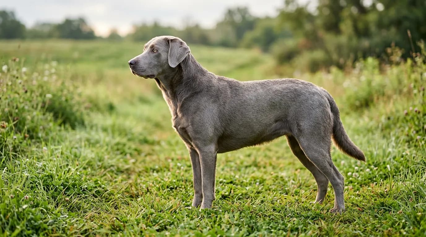 a silver-gray Labrador Retriever with pale amber eyes standing in profile on a grassy field in soft morning light, its distinctive dilute steel-gray coat c