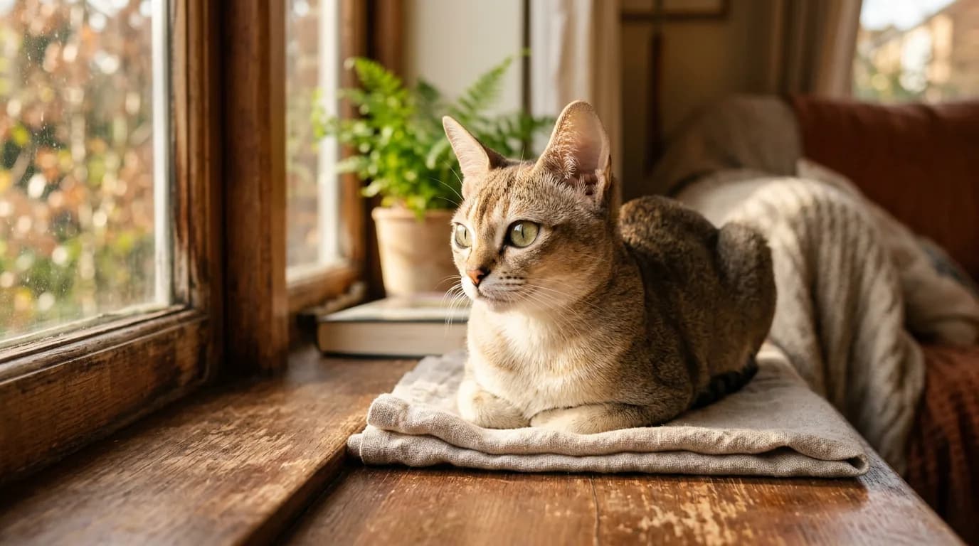 A tiny adult Singapura cat with a ticked sepia-agouti coat and large hazel eyes resting on a sunlit windowsill.