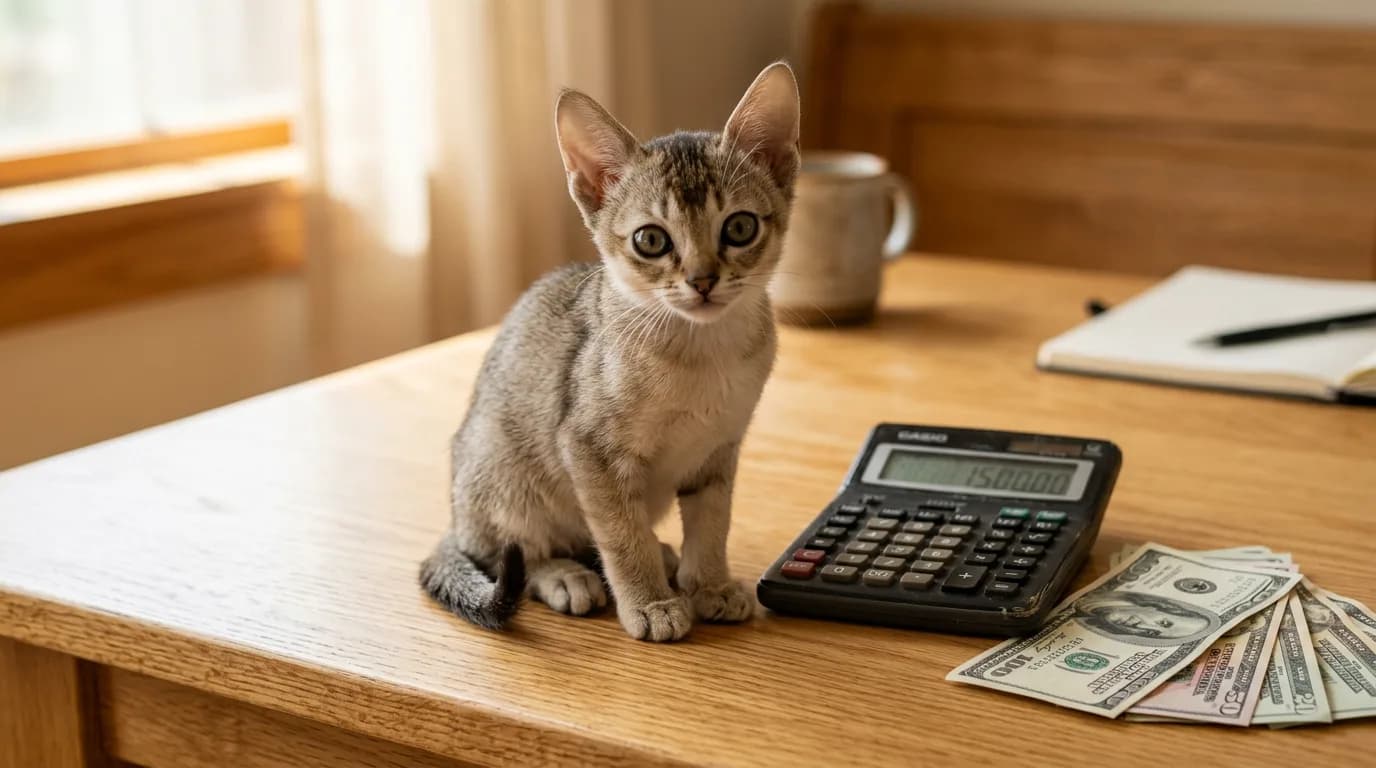 A small sepia-ticked Singapura kitten with large hazel eyes sitting beside a calculator and a few US dollar bills on a light wooden table.