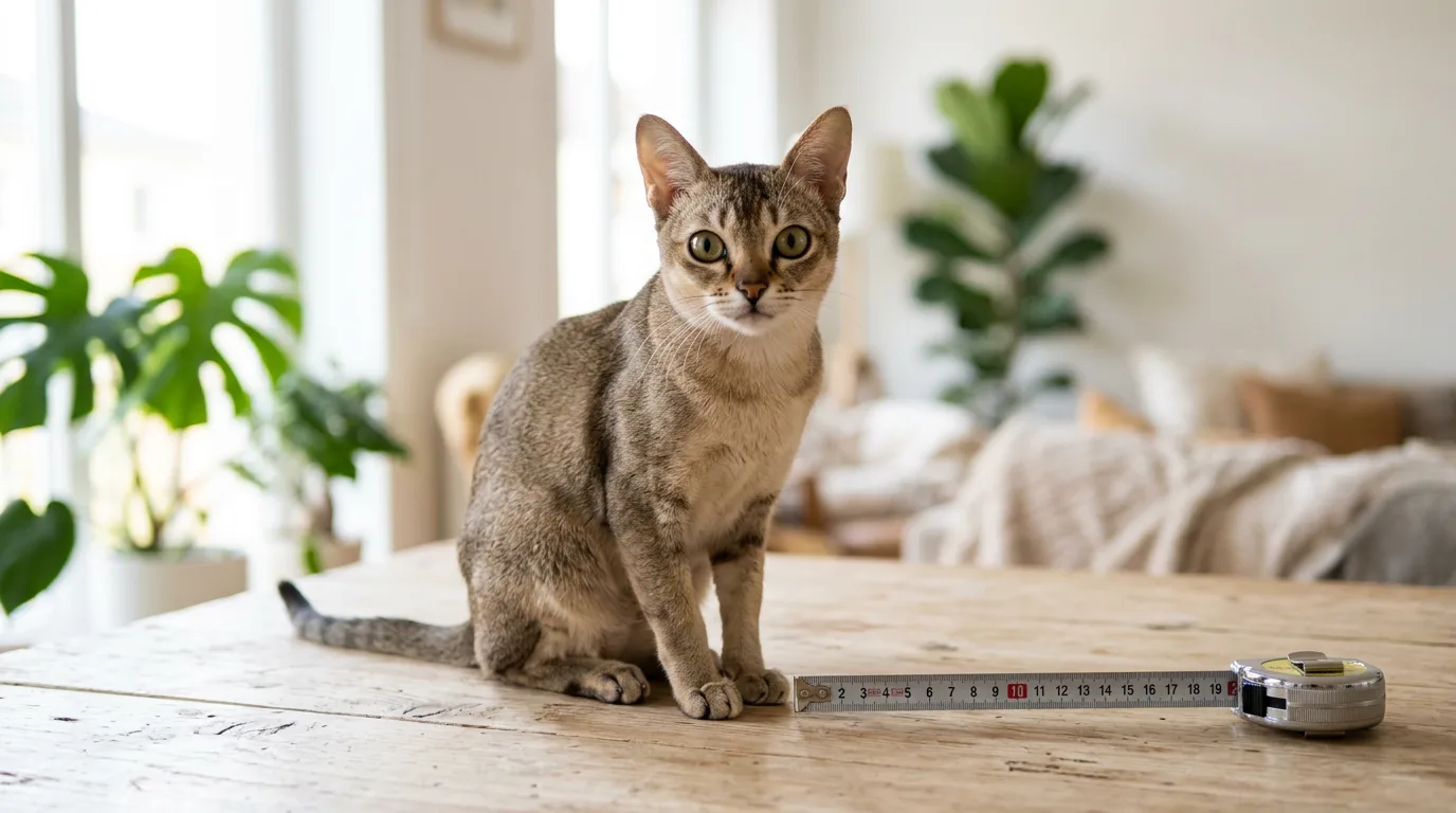 A petite adult Singapura cat sitting on a light wooden table beside a tape measure that shows how small the breed is.