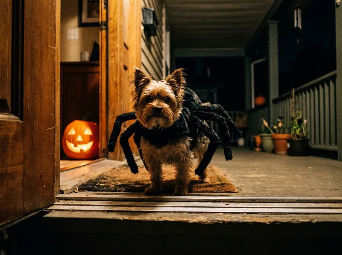 Yorkshire terrier in a black plush spider costume standing in a doorway lit by a glowing jack-o-lantern
