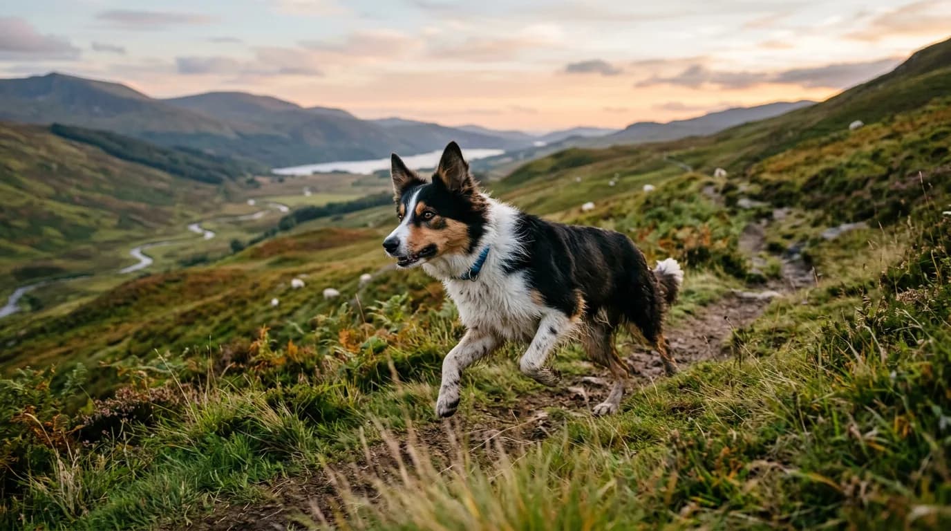 A alert Border Collie mid-stride on a green hillside, ears pricked, locking eyes with an off-camera handler at dusk