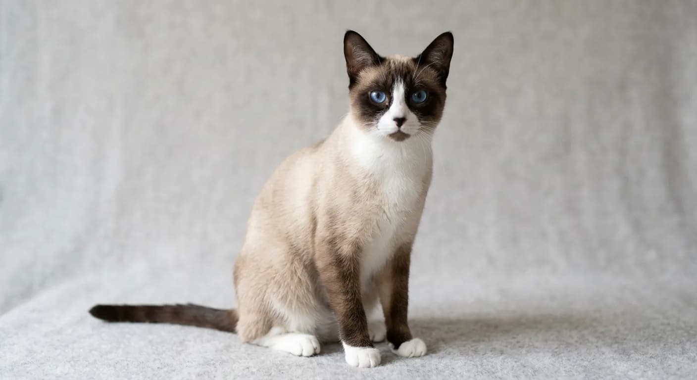 A medium-sized short-haired seal point Snowshoe cat sitting upright, pale cream body with dark seal-brown points on the ears, mask, legs and tail, crisp white boots on all four paws, an inverted white V down the muzzle, and striking blue eyes, on a soft neutral studio background