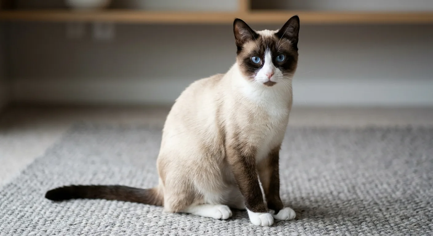 A medium-large short-haired seal point Snowshoe cat with a pale cream body, dark seal-brown points on the ears, mask, legs, and tail, crisp white boots on all four paws, an inverted white V over the muzzle, and striking blue eyes, sitting upright on a neutral background