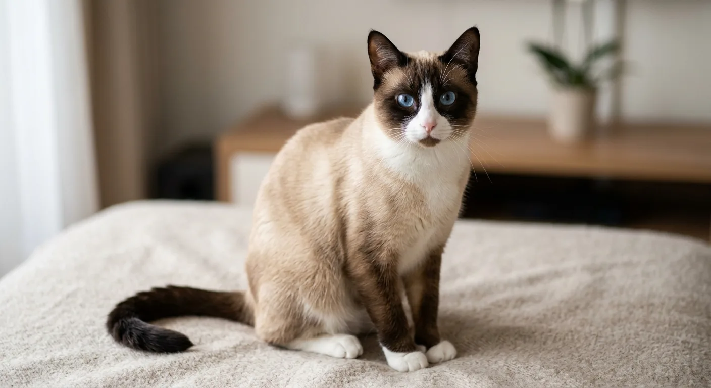 A medium-to-large short-haired seal point Snowshoe cat with a pale cream body, dark seal-brown ears, mask, legs and tail, crisp white boots on all four paws, an inverted white V over the muzzle, a slightly rounded apple-shaped head, and striking blue eyes, sitting upright on a neutral background