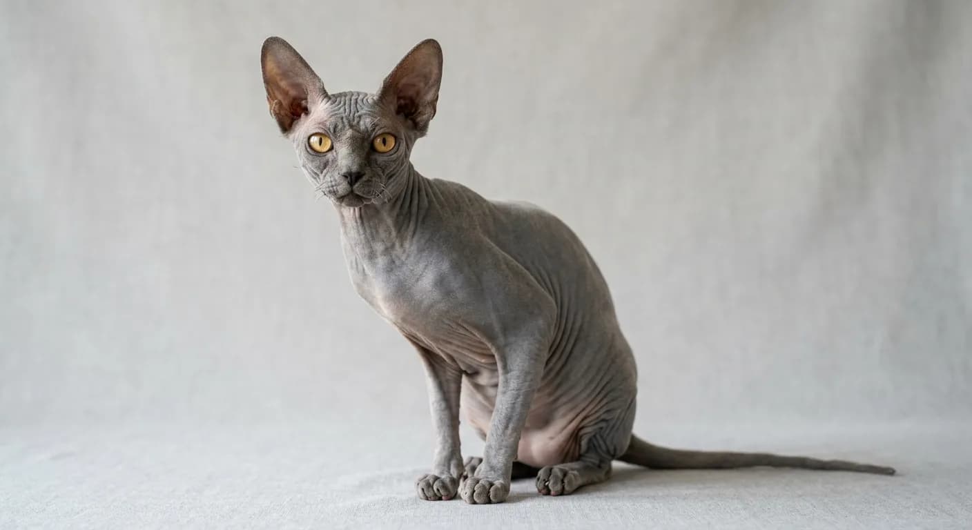 A hairless gray Sphynx cat with soft wrinkled suede-like skin, a wedge-shaped head with very large wide-set ears, prominent cheekbones, and large lemon-shaped eyes, sitting upright on a clean light-gray studio backdrop, peach-fuzz down catching the light