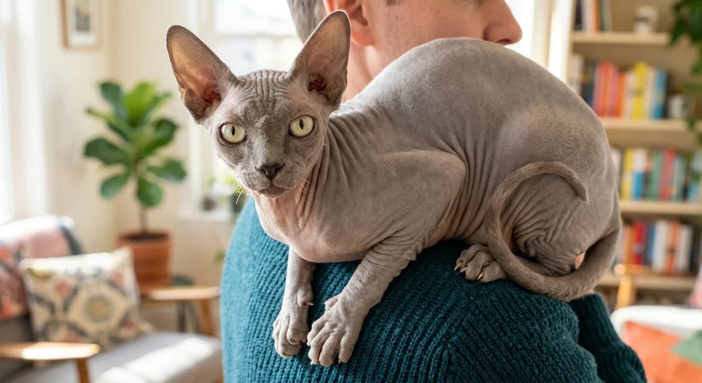 A hairless dove-grey Sphynx cat with soft wrinkled suede-like skin, very large wide-set ears, prominent cheekbones, and large lemon-shaped eyes perched on its owner's shoulder in a bright living room, whip-like tail curled, looking directly at the camera with an alert, attention-seeking expression