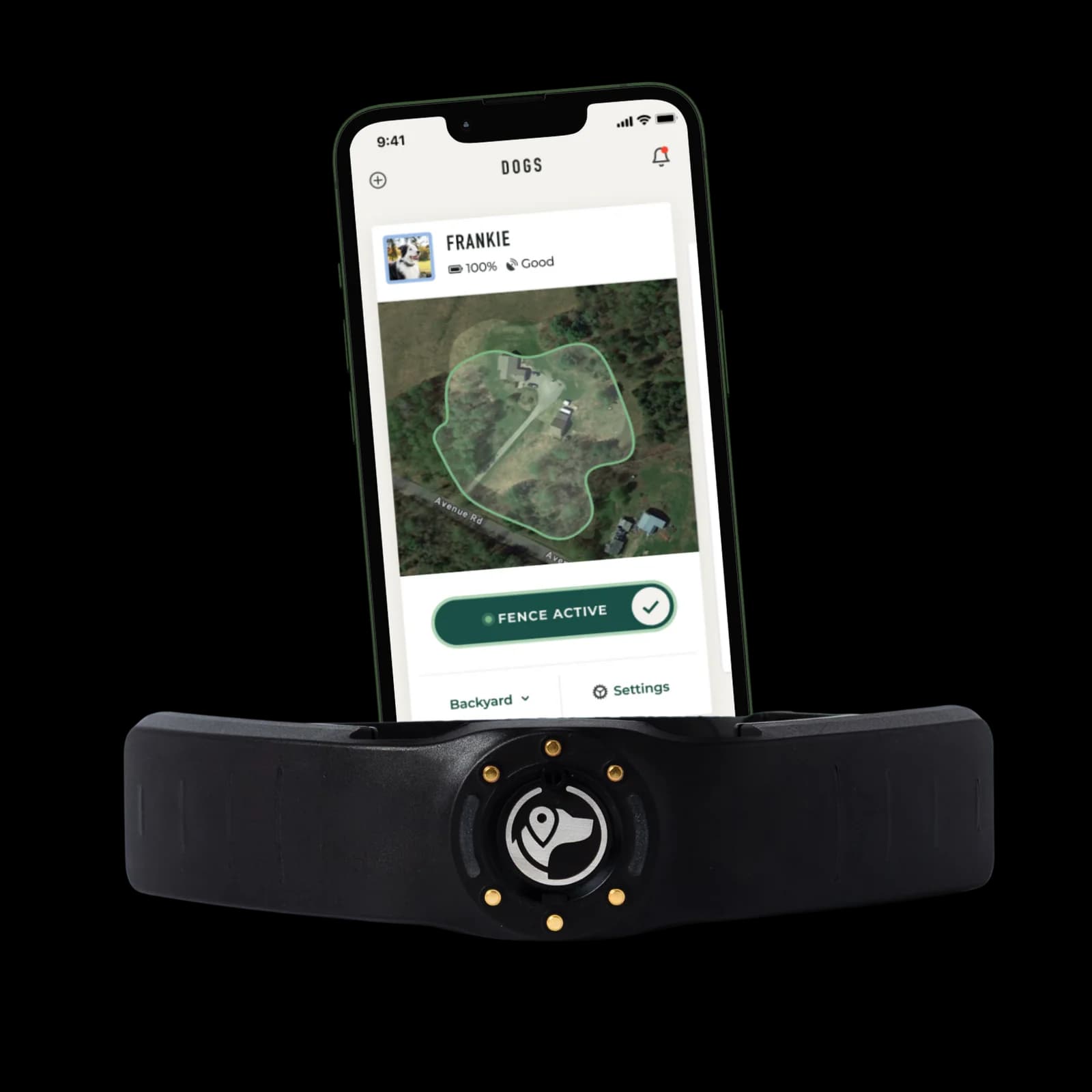 SpotOn app showing a dog kept inside an active GPS fence boundary on a satellite map, beside the SpotOn collar