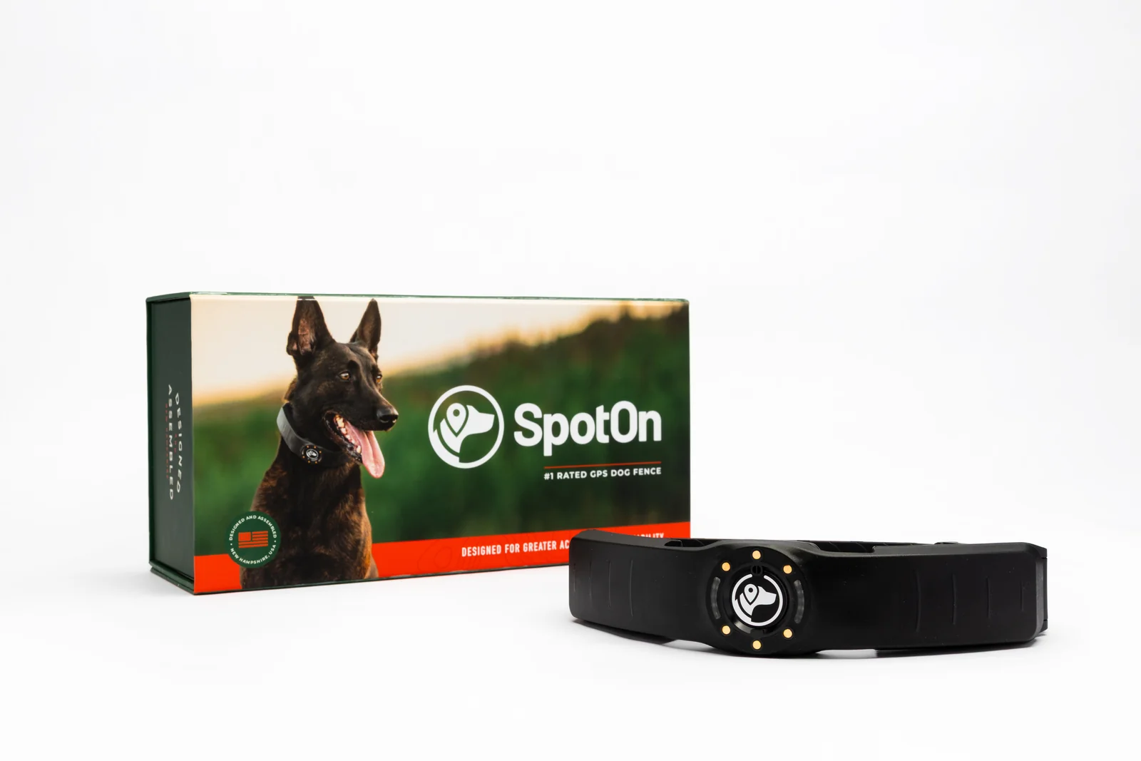 The SpotOn GPS dog fence collar beside its retail box, labeled the number one rated GPS dog fence