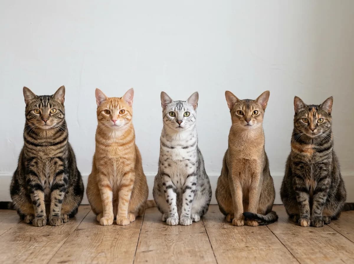 Five tabby cats in a row: brown tabby, orange mackerel, silver spotted, ruddy ticked, and tortie-patched torbie on a wood floor