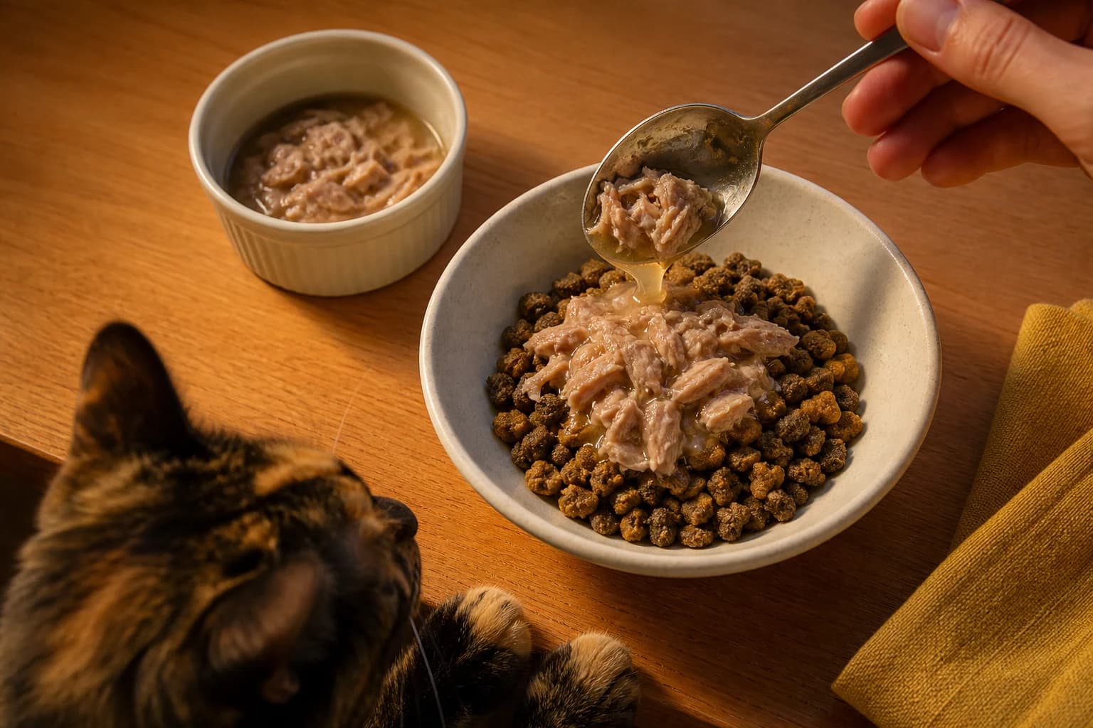 Cat watching a moist topper being added to a complete meal