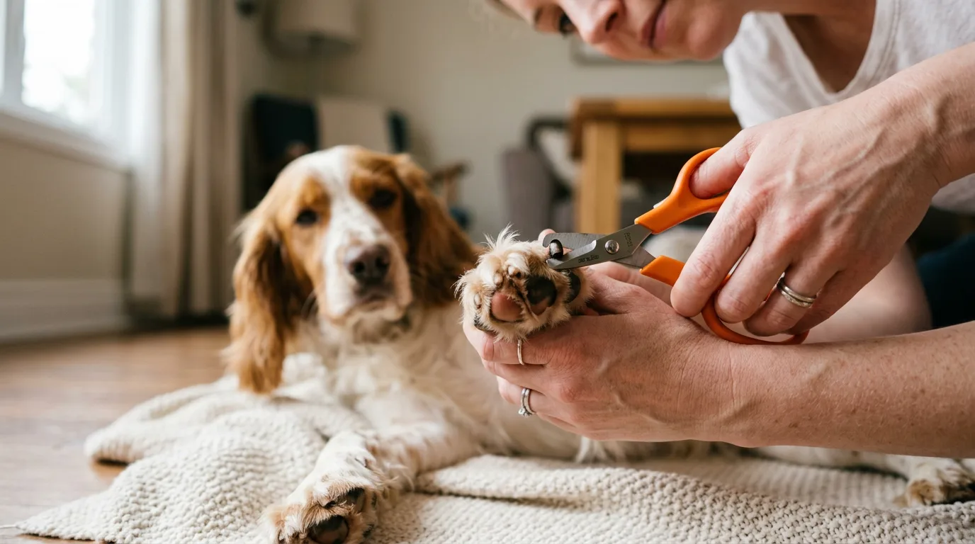 Person trimming a tan and white spaniel's nail with scissor-style clippers while holding the paw gently