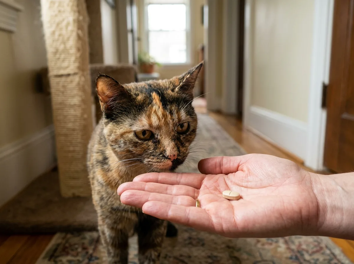 Tortoiseshell cat standing indoors sniffing a small tan oral tablet held out on a person's open palm in a sunlit hallway.