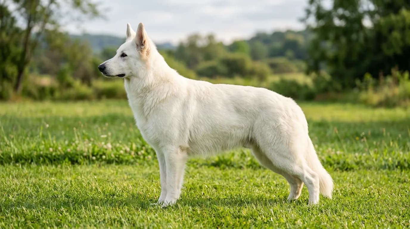 a pure white German Shepherd standing alert on a green summer lawn in profile, full body visible, thick white double coat catching soft morning light, upri