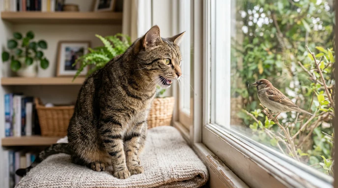 A tabby cat chattering at a bird through a window, ears forward and mouth open