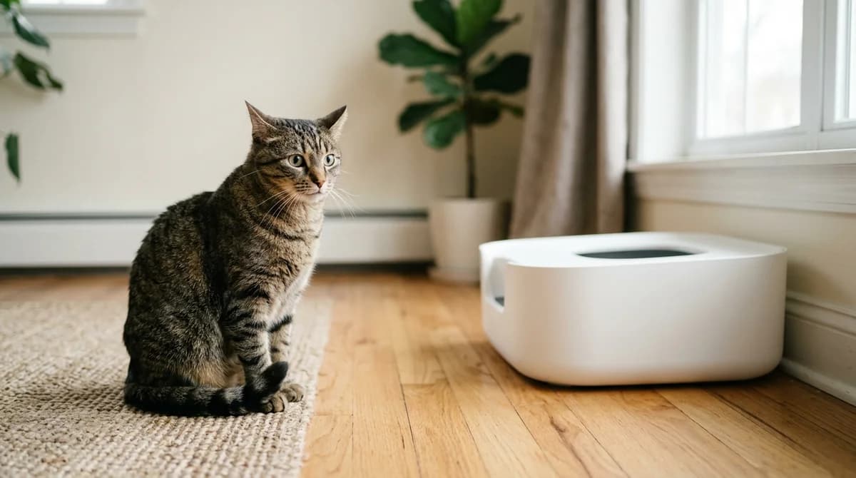 An anxious tabby cat sitting on a hardwood floor near a clean white litter box, looking concerned.