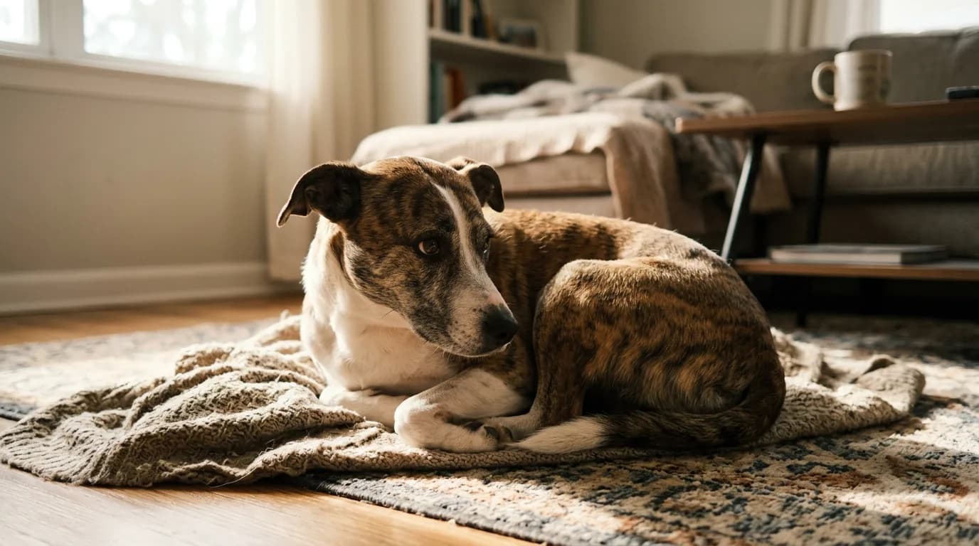 A dog shivering indoors, a common sign of cold or anxiety