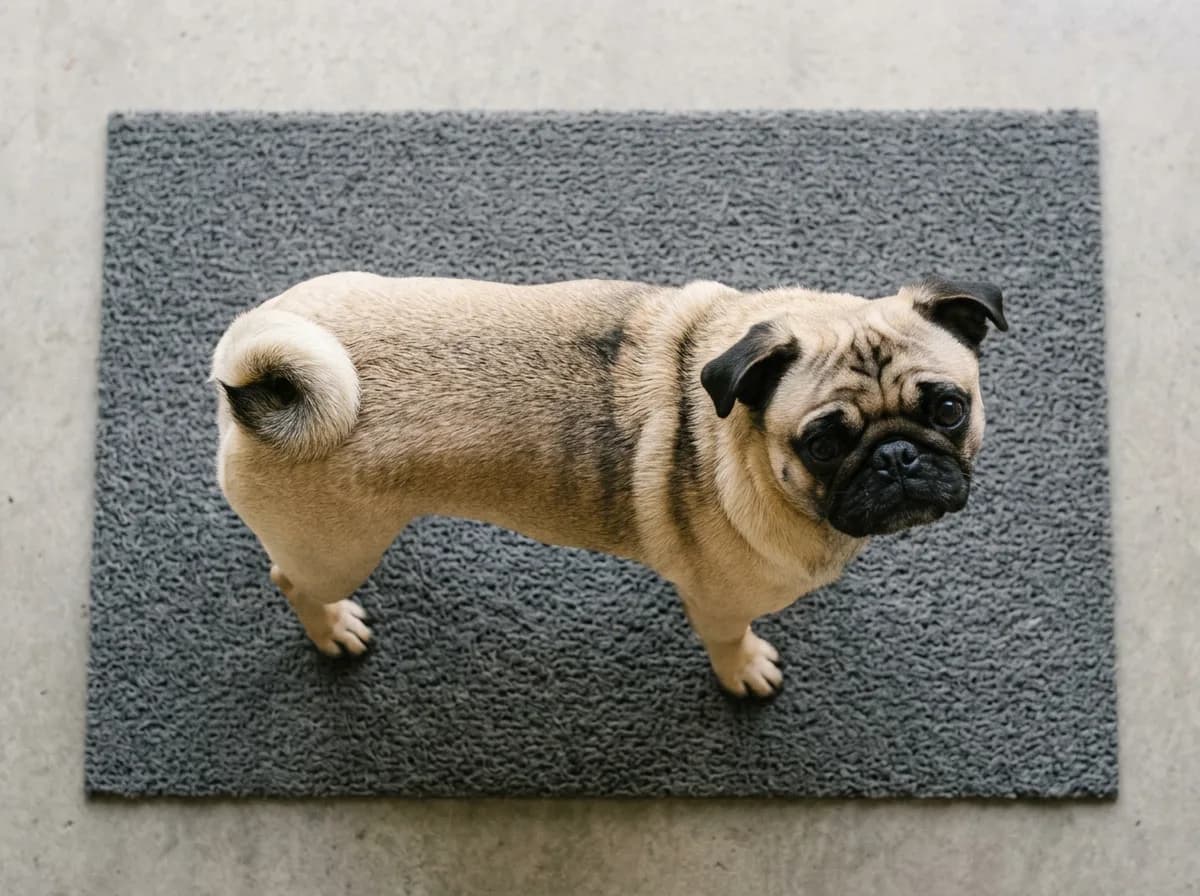 Overhead view of a fawn pug standing on a grey mat, showing the outline of the body from above with the waist visible behind the ribcage